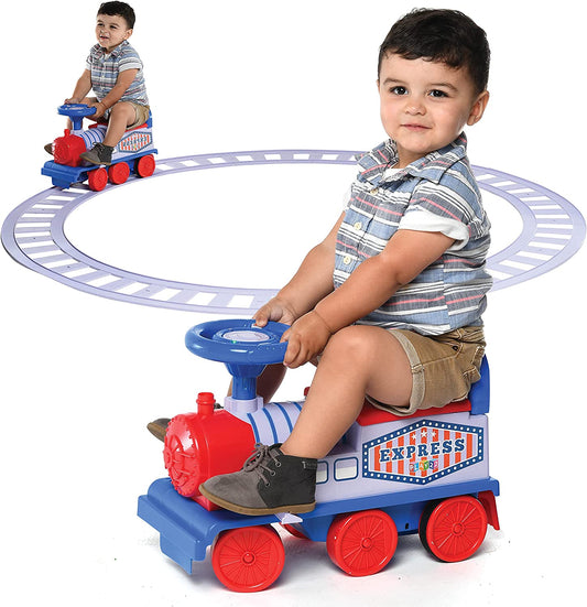 Play22 Electric Ride On Toy Train with Tracks - Ride On Train for Toddlers 1-3 Features Fun Flashing Lights and Music, Storage Seat, 16 Tracks - Playable Without Tracks - Riding Toys for Kids