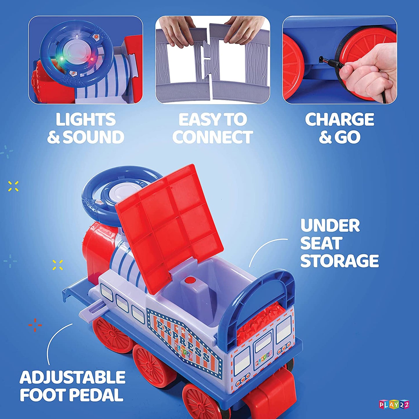 Play22 Electric Ride On Toy Train with Tracks - Ride On Train for Toddlers 1-3 Features Fun Flashing Lights and Music, Storage Seat, 16 Tracks - Playable Without Tracks - Riding Toys for Kids