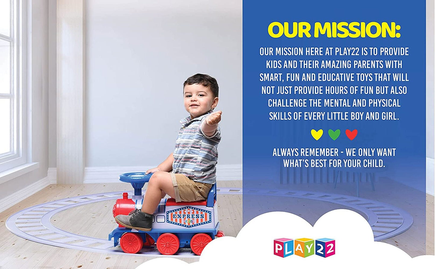 Play22 Electric Ride On Toy Train with Tracks - Ride On Train for Toddlers 1-3 Features Fun Flashing Lights and Music, Storage Seat, 16 Tracks - Playable Without Tracks - Riding Toys for Kids