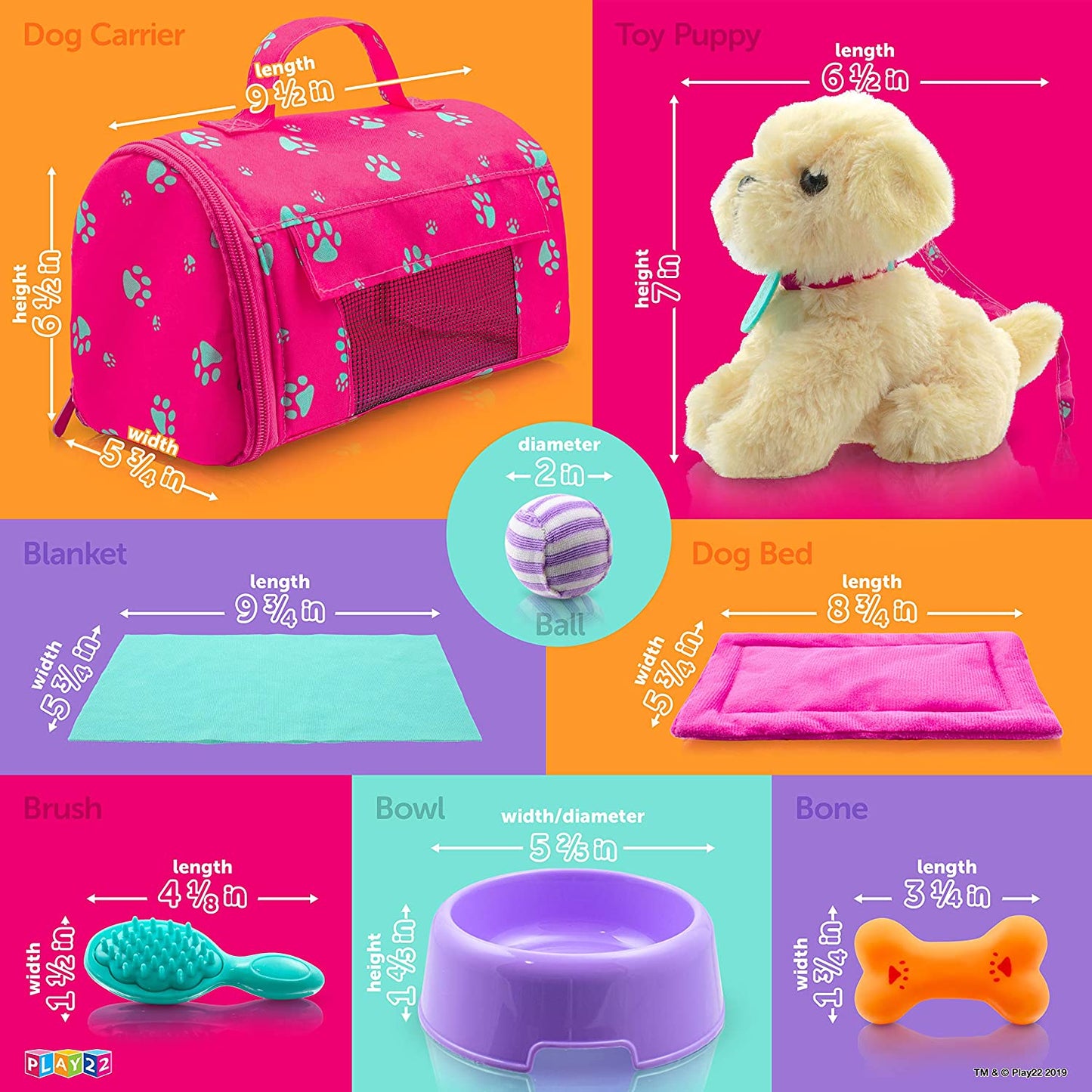 Play22 Plush Puppy Doll Set for Kids 9 PCS - Baby Doll Accessories - Doll Puppy Set - 4 Year Old Girl Birthday Gifts, Little Girl Toys, Sized for 18" Dolls, Multicolor