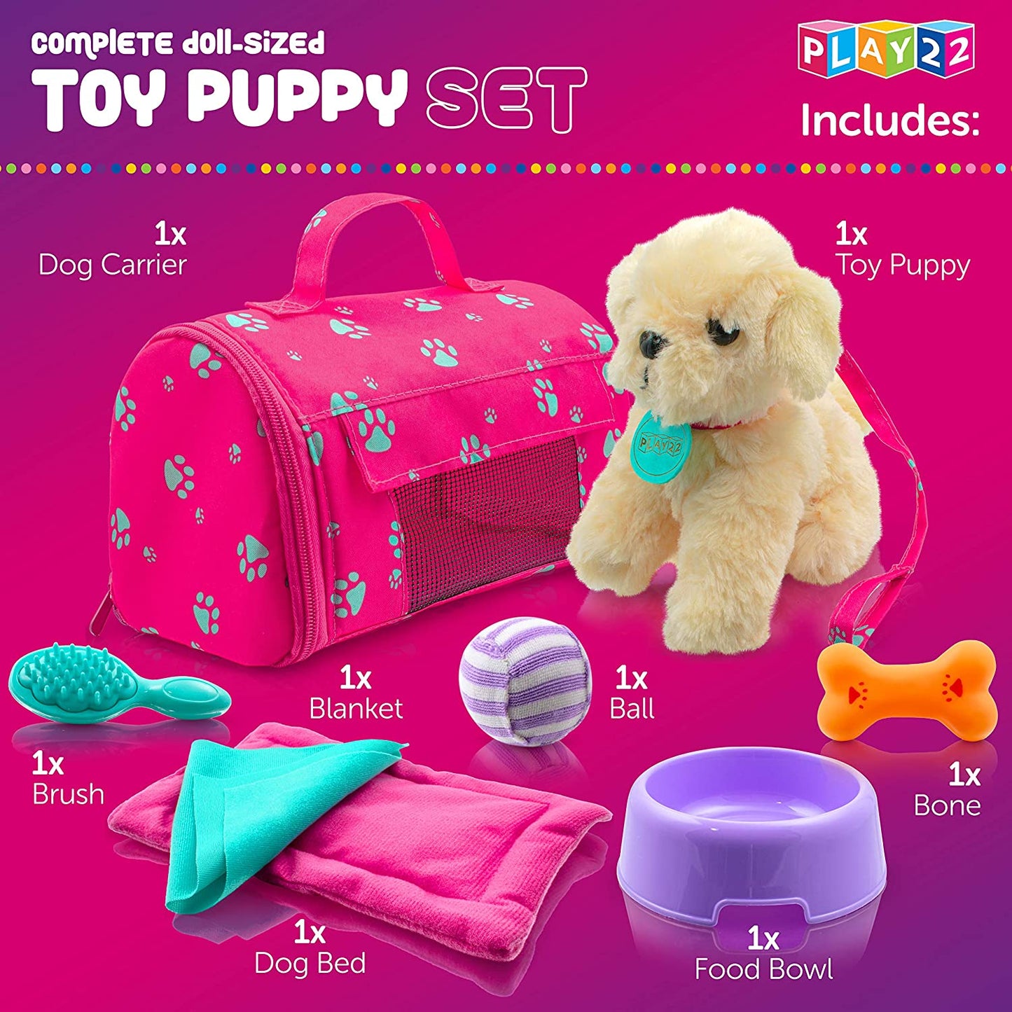 Play22 Plush Puppy Doll Set for Kids 9 PCS - Baby Doll Accessories - Doll Puppy Set - 4 Year Old Girl Birthday Gifts, Little Girl Toys, Sized for 18" Dolls, Multicolor
