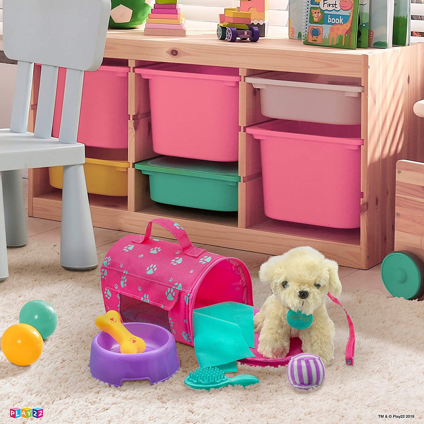 Play22 Plush Puppy Doll Set for Kids 9 PCS - Baby Doll Accessories - Doll Puppy Set - 4 Year Old Girl Birthday Gifts, Little Girl Toys, Sized for 18" Dolls, Multicolor