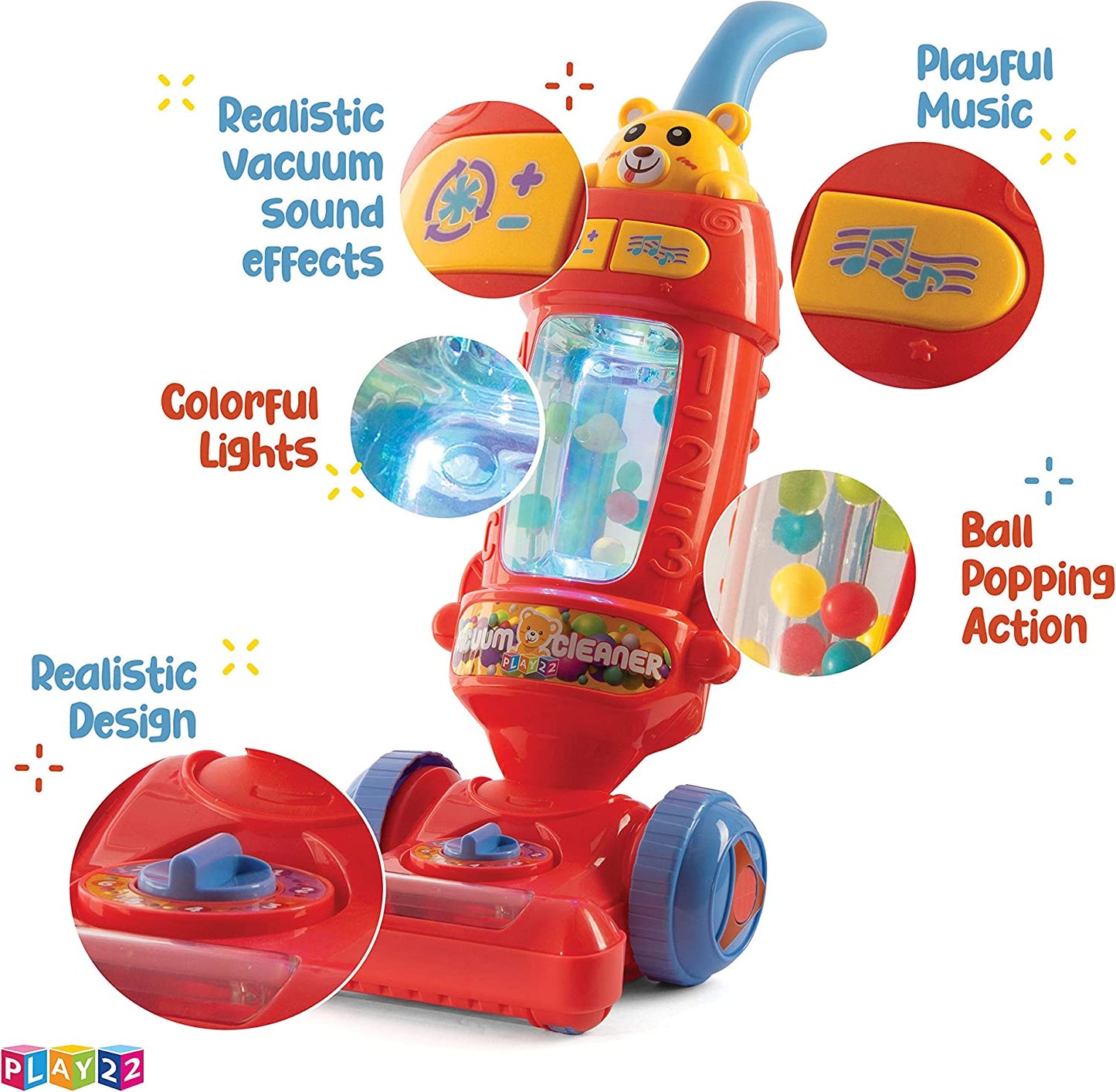 Play22 Kids Vacuum Cleaner Toy for Toddler with Lights & Sounds Effects & Ball-Popping Action - Pretend Play Toy Vacuum Cleaner for Toddler Best Gift for Boys and Girls, No Suction!