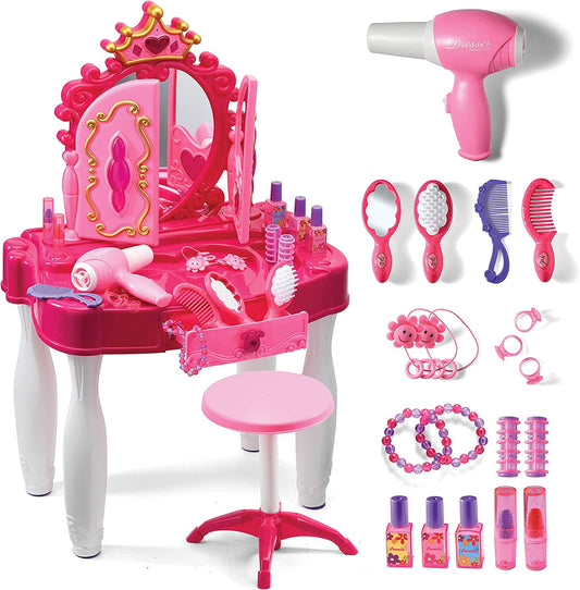 Pretend Play Vanity Set with Mirror and Stool 20 PCS - Kids Makeup Vanity Table Set with Lights and Sounds - Kids Beauty Salon Set Includes Fashion Hair Makeup Accessories Blow-dryer - Play22
