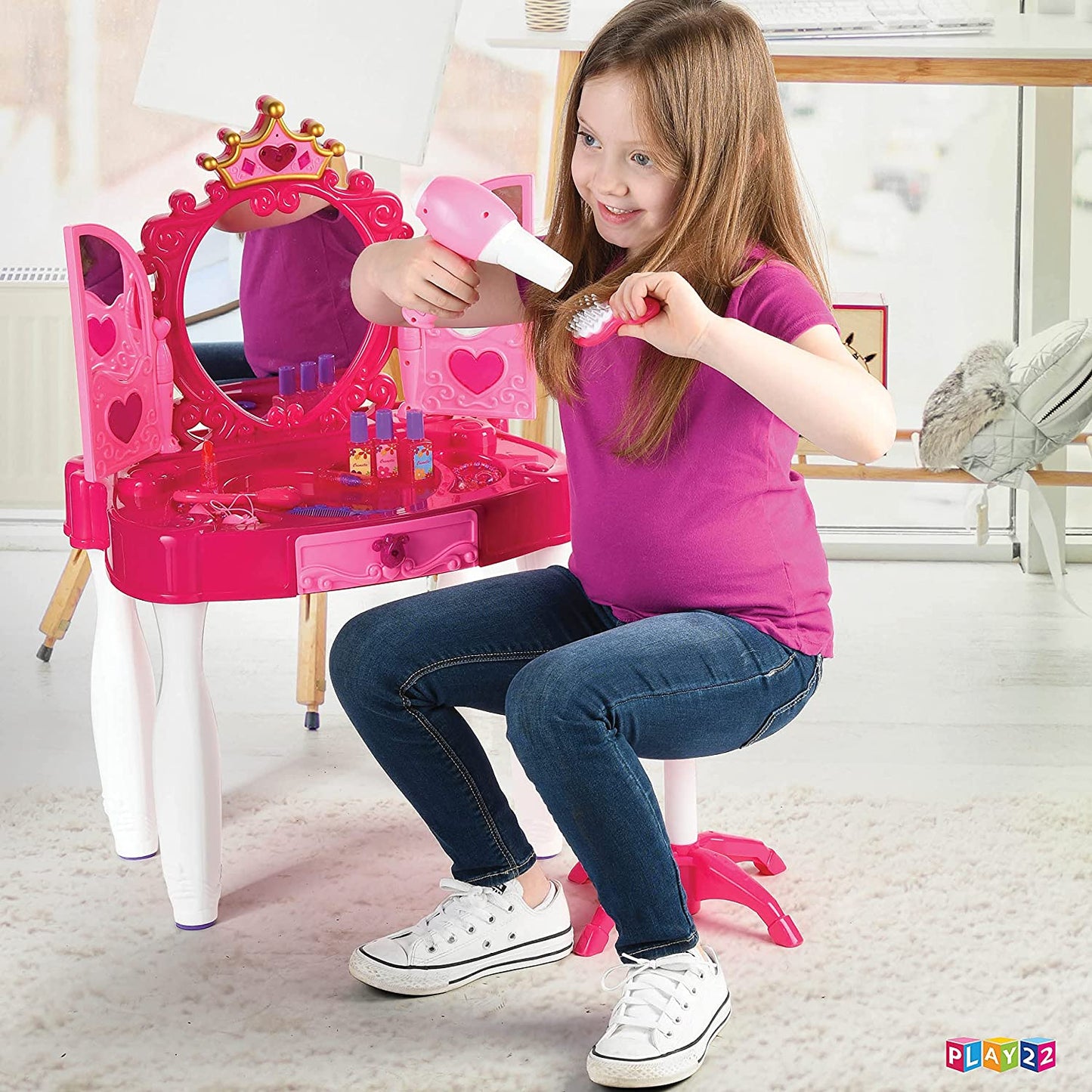 Pretend Play Vanity Set with Mirror and Stool 20 PCS - Kids Makeup Vanity Table Set with Lights and Sounds - Kids Beauty Salon Set Includes Fashion Hair Makeup Accessories Blow-dryer - Play22