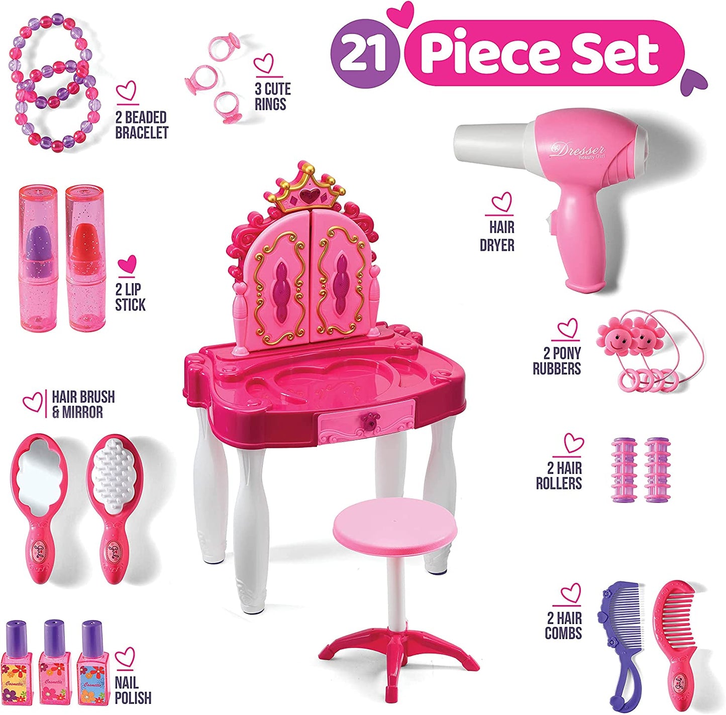 Pretend Play Vanity Set with Mirror and Stool 20 PCS - Kids Makeup Vanity Table Set with Lights and Sounds - Kids Beauty Salon Set Includes Fashion Hair Makeup Accessories Blow-dryer - Play22