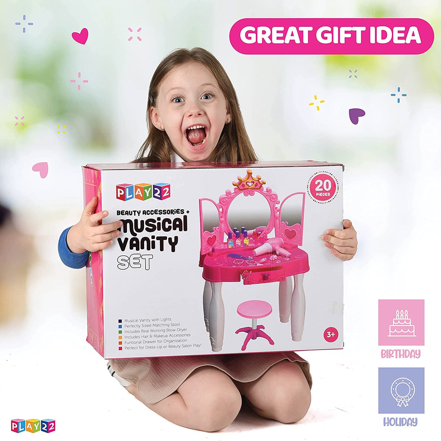 Pretend Play Vanity Set with Mirror and Stool 20 PCS - Kids Makeup Vanity Table Set with Lights and Sounds - Kids Beauty Salon Set Includes Fashion Hair Makeup Accessories Blow-dryer - Play22