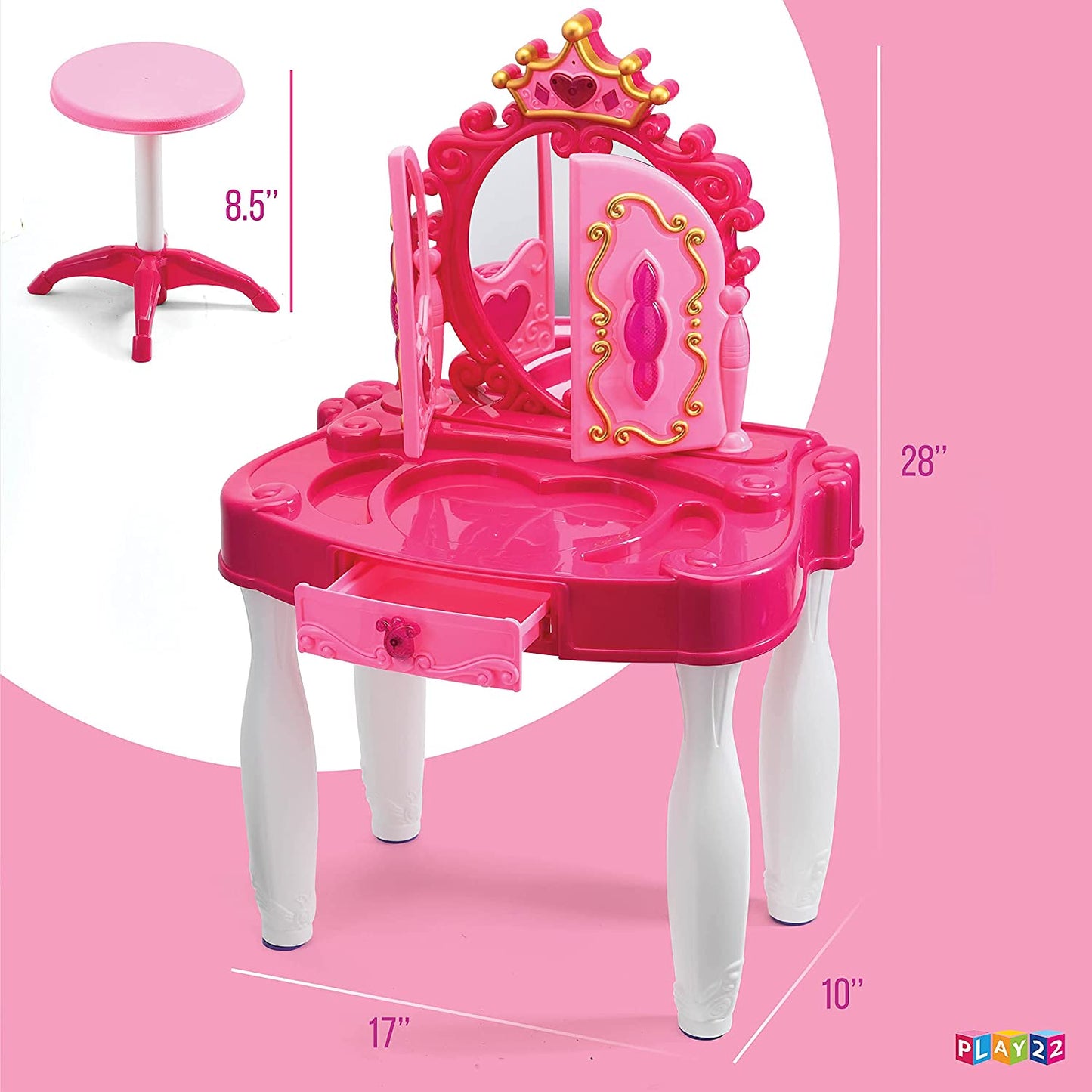 Pretend Play Vanity Set with Mirror and Stool 20 PCS - Kids Makeup Vanity Table Set with Lights and Sounds - Kids Beauty Salon Set Includes Fashion Hair Makeup Accessories Blow-dryer - Play22