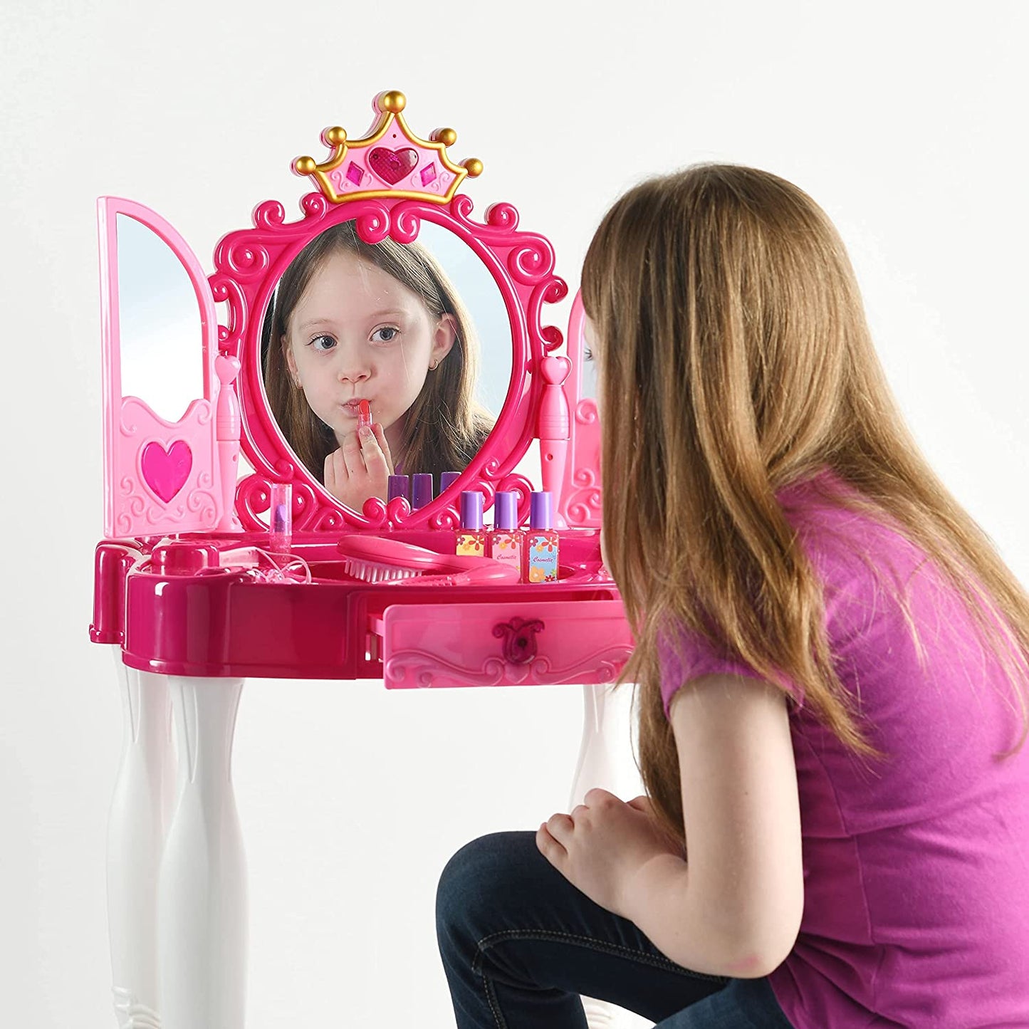 Pretend Play Vanity Set with Mirror and Stool 20 PCS - Kids Makeup Vanity Table Set with Lights and Sounds - Kids Beauty Salon Set Includes Fashion Hair Makeup Accessories Blow-dryer - Play22