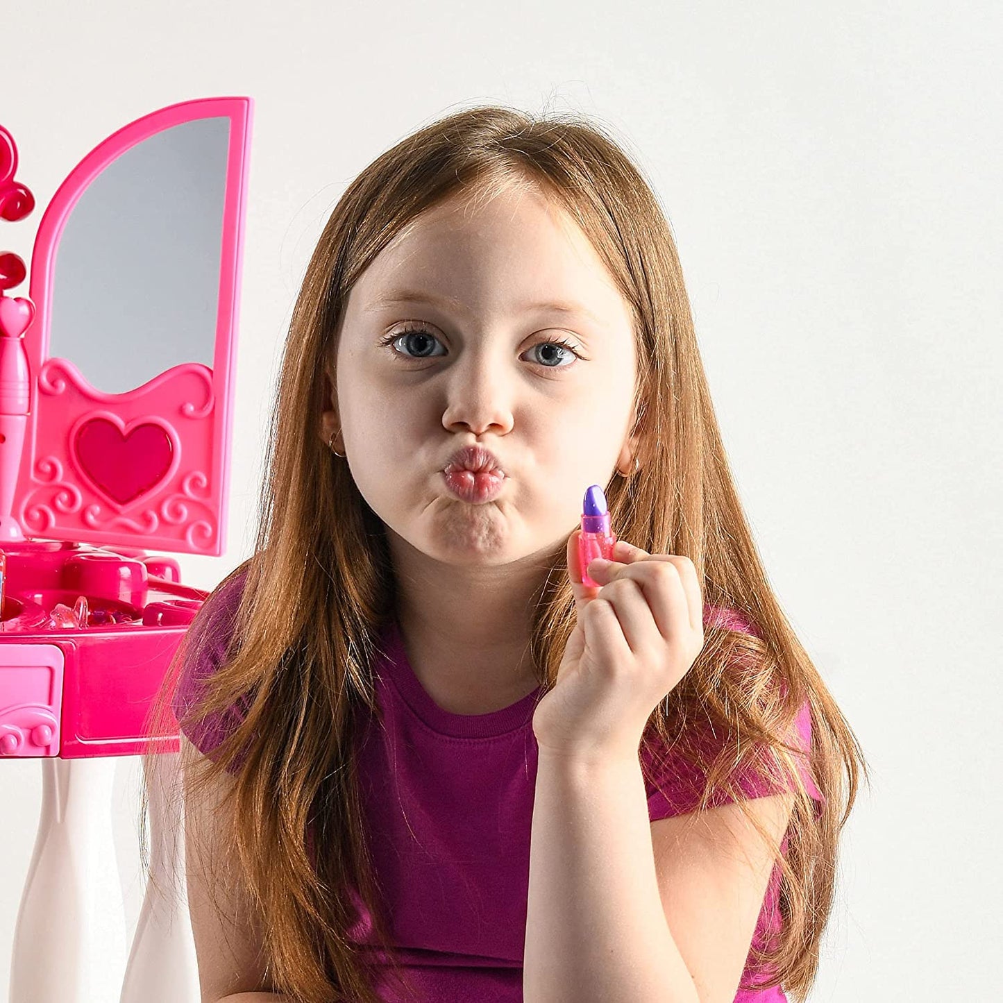Pretend Play Vanity Set with Mirror and Stool 20 PCS - Kids Makeup Vanity Table Set with Lights and Sounds - Kids Beauty Salon Set Includes Fashion Hair Makeup Accessories Blow-dryer - Play22