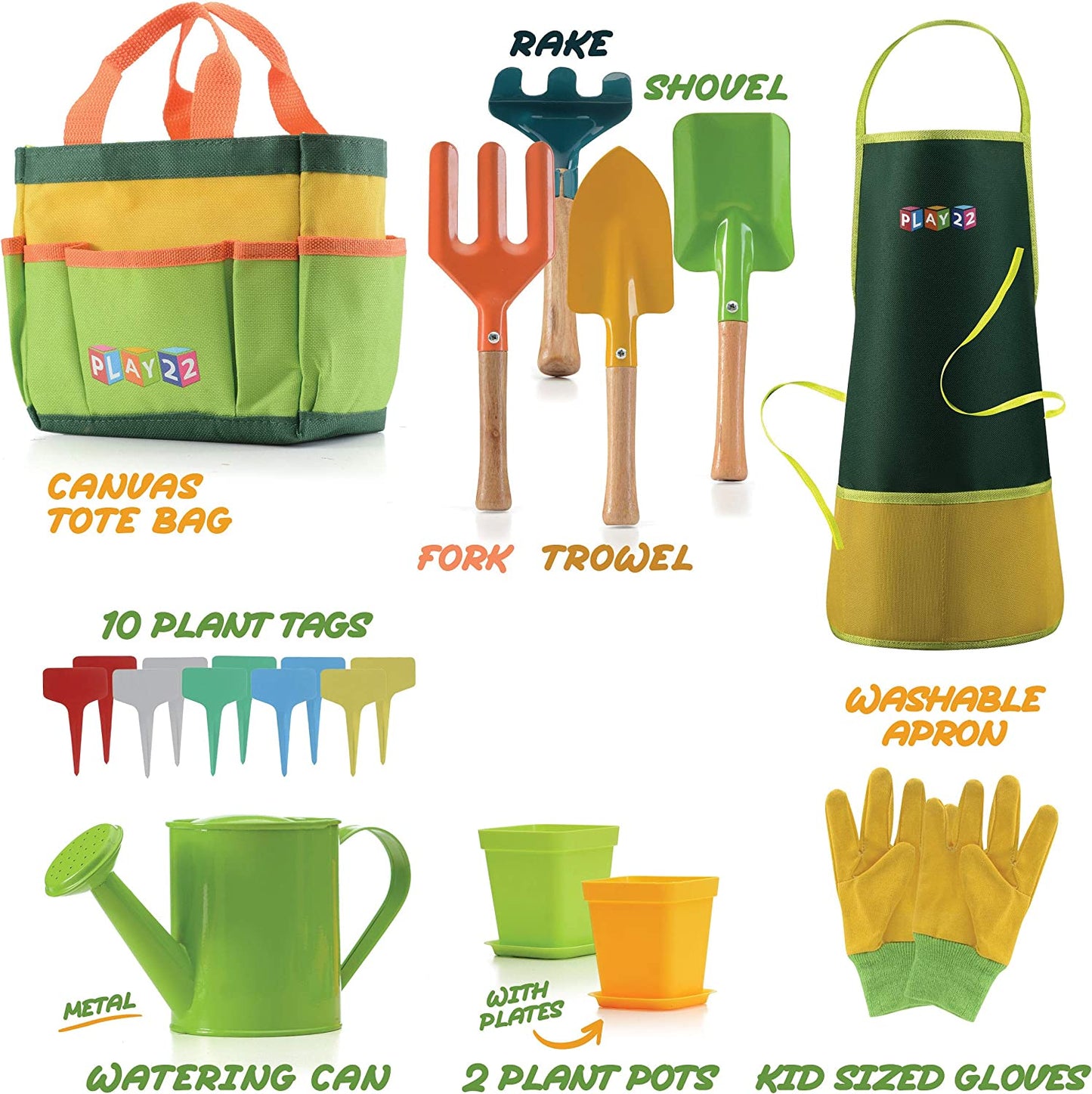 Play22 Kids Gardening Tool Set 12 PCS - Kids Gardening Tools Shovel Rake Fork Trowel Apron Gloves Watering Can and Tote Bag, Toddler Gardening Tools for Kids Best Outdoor Toys Gift for Boys and Girls