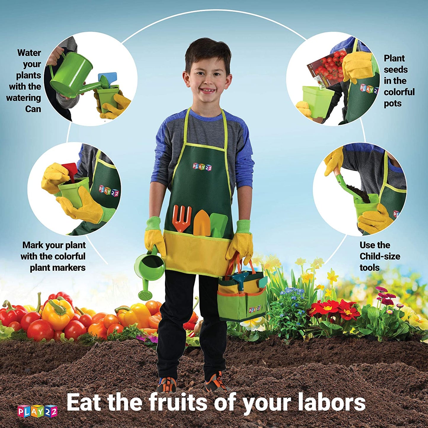 Play22 Kids Gardening Tool Set 12 PCS - Kids Gardening Tools Shovel Rake Fork Trowel Apron Gloves Watering Can and Tote Bag, Toddler Gardening Tools for Kids Best Outdoor Toys Gift for Boys and Girls