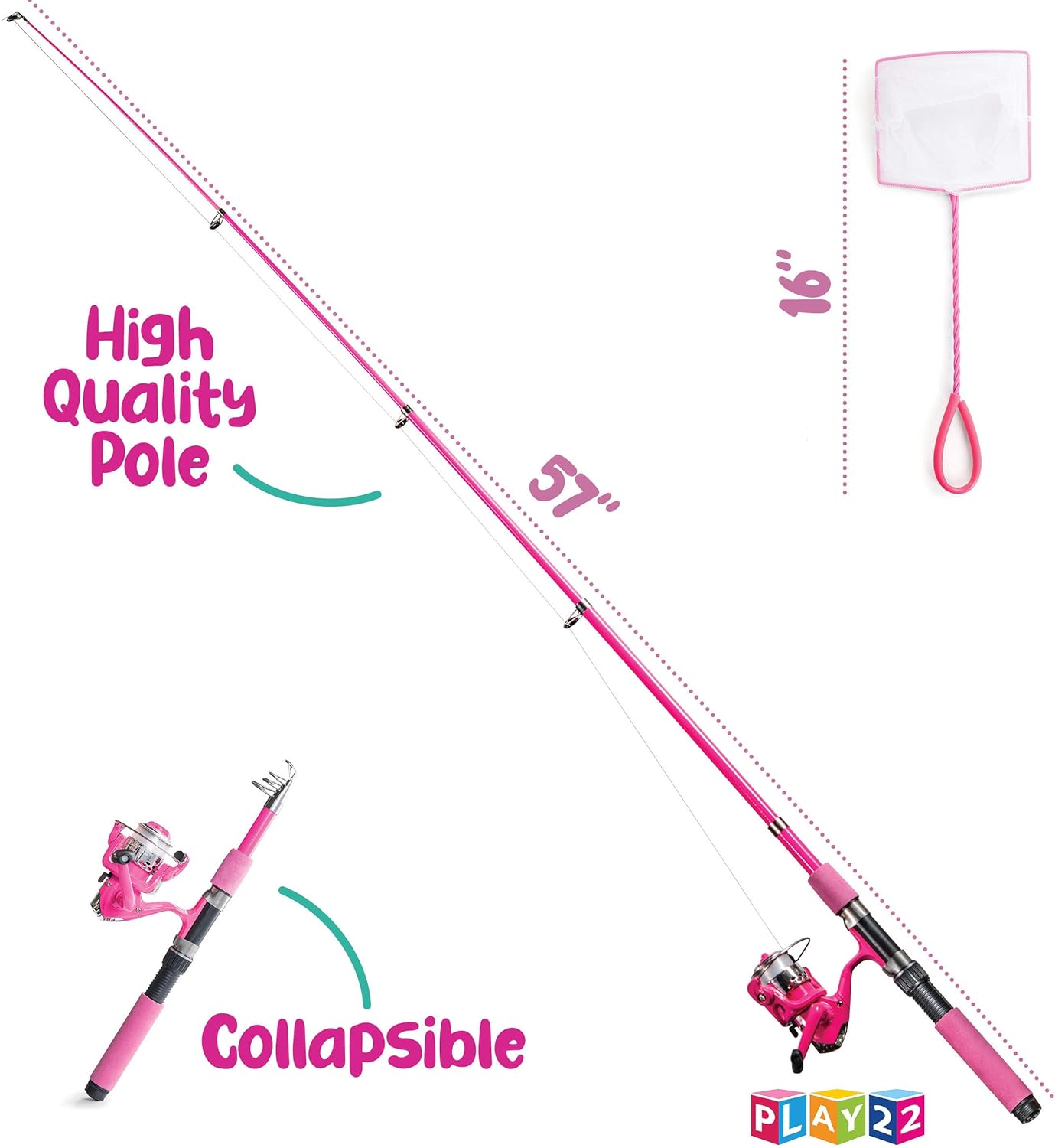 Kids Fishing Pole Pink - 40 Pc Kids Fishing Rod and Reel Combos - Fishing Poles for Youth Kids includes Fishing Tackle, Fishing Gear, Fishing Lures, Net, Carry On Bag, Fully Fishing Equipment