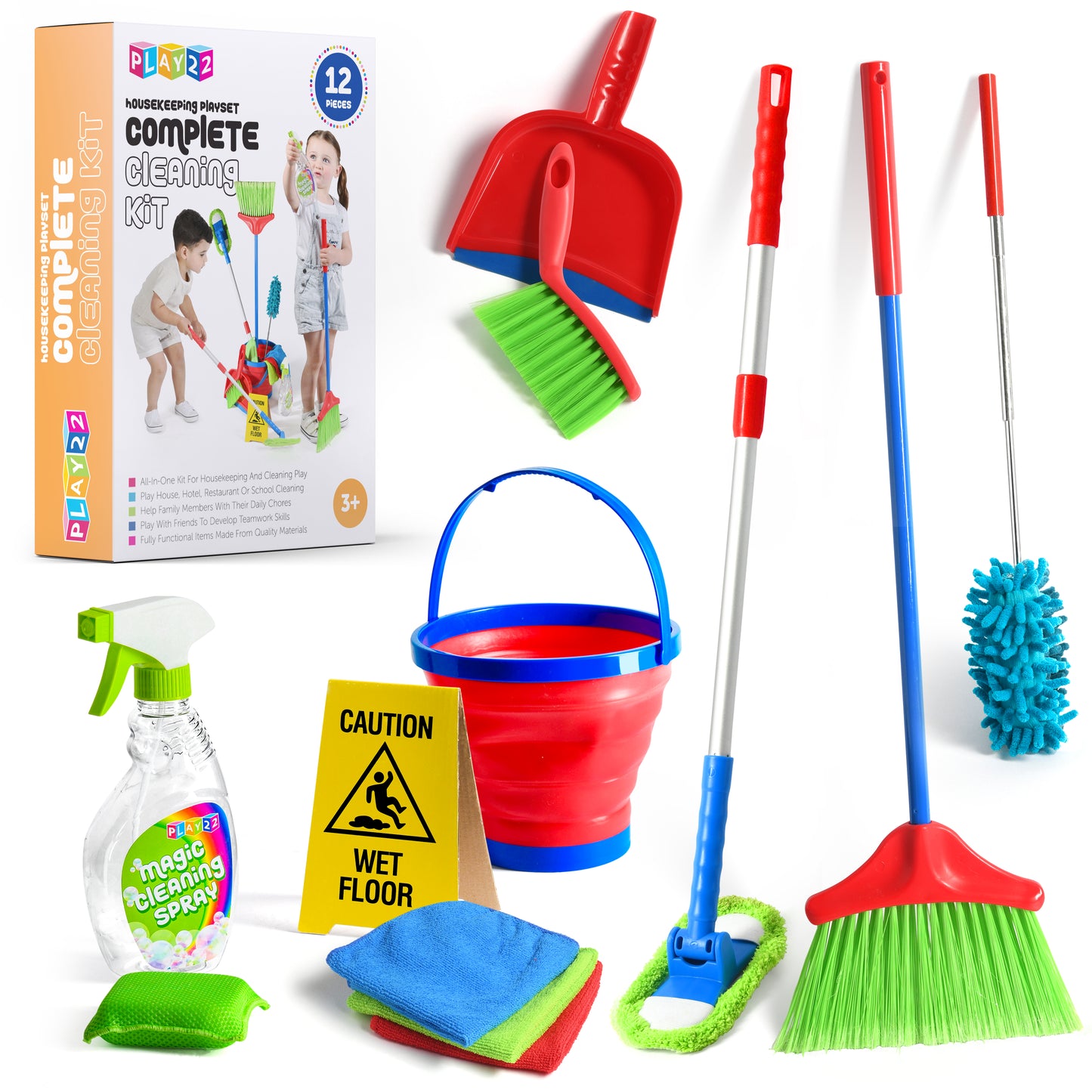 Kids Cleaning Set 12 Piece - Toy Cleaning Set Includes Broom, Mop, Brush, Dust Pan, Duster, Sponge, Clothes, Spray, Bucket, Caution Sign, - Toy Kitchen Toddler Cleaning Set - Original - By Play22ā¢ Ā©