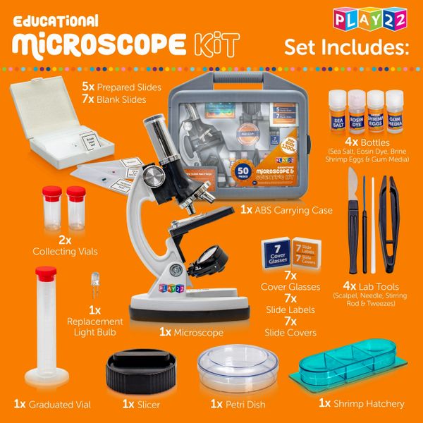 Play22 Microscope for Kids 50 PCS - 120X - 1200X Microscope Slides Specimens - Student Beginner Metal Body Toy Microscope Kit in A Carrying Box - Educational Science Lab Toy Best Gift ā Original By Play22USA