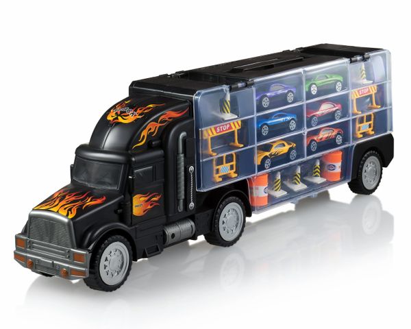 Toy Truck Transport Car Carrier - Toy truck Includes 6 Toy Cars and Accessories - Toy Trucks Fits 28 Toy Car Slots - Great car toys Gift For Boys and Girls - Original - By Play22 ™