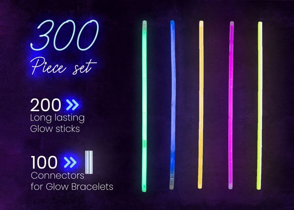 Play22 Glow Sticks Bulk 300 Pack 8” Ultra Bright Glow Sticks Party Pack Multicolor - 300 Glowsticks & 300 Connectors, Total 600 PCS - Glow Sticks Necklaces and Bracelets Enjoyable for Adults and Kids