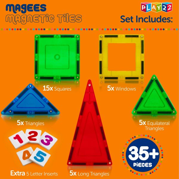 MAGEES Magnetic Building Blocks 35 Set - Magnet Toys Building, Strongest Magnets - Magnetic Tiles Includes Bonus 5 Piece Insert Number Cards - STEM 3D Magnet Tiles - Original Magees - By Play22