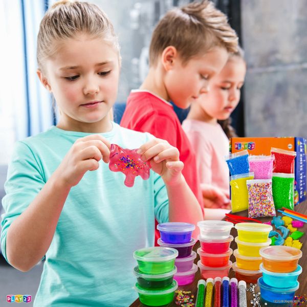 Play22 DIY Slime Kit for Kids - 18 Color Crystal Slime Making Kit, Includes Colorful Foam Balls, Fruit Face, Eyes, Stars, Glitter, Beads, Molds, Straws, Glow in Dark Powder and Much More – Original By Play22USA