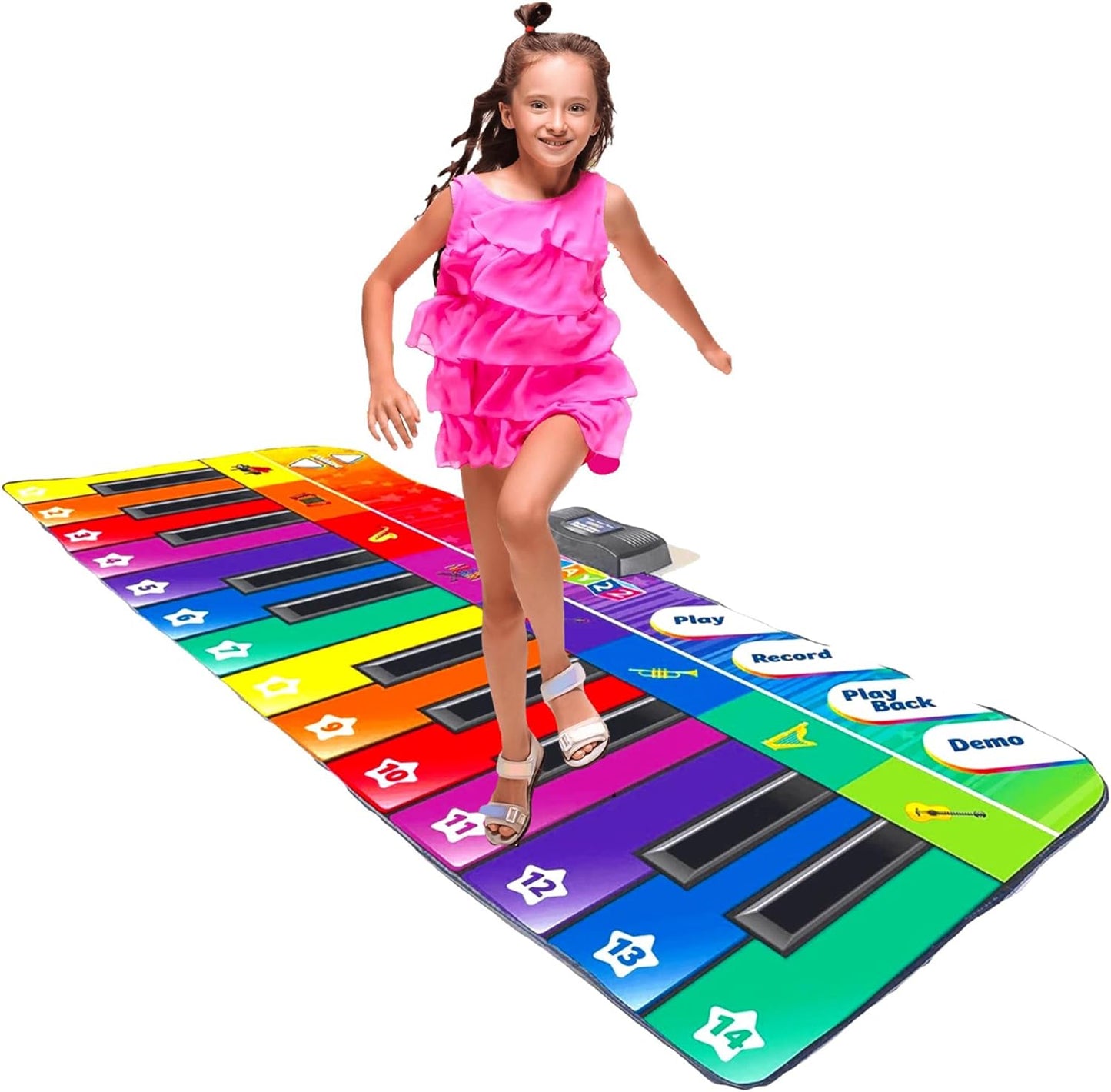 Floor Piano Mat for Toddlers - Giant Piano Playmat, 24 Keys, 8 Musical Instruments, Adjustable Vol, Built in Songs, Record & Playback - Best Musical Toy Gift for Boys & Girls Ages 3-10