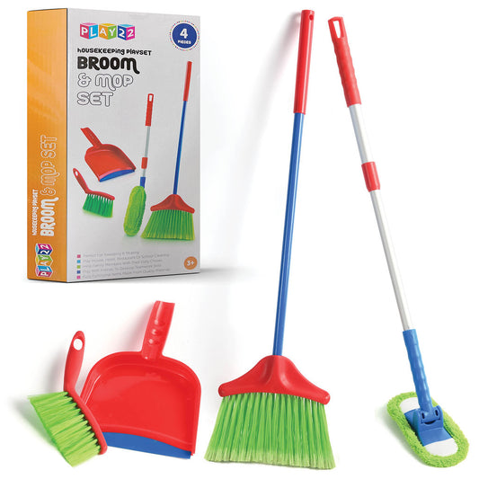 Kids Cleaning Set 4 Piece - Toy Cleaning Set Includes Broom, Mop, Brush, Dust Pan, - Toy Kitchen Toddler Cleaning Set Is A Great Toy Gift For Boys & Girls - Original - By Play22™ ©