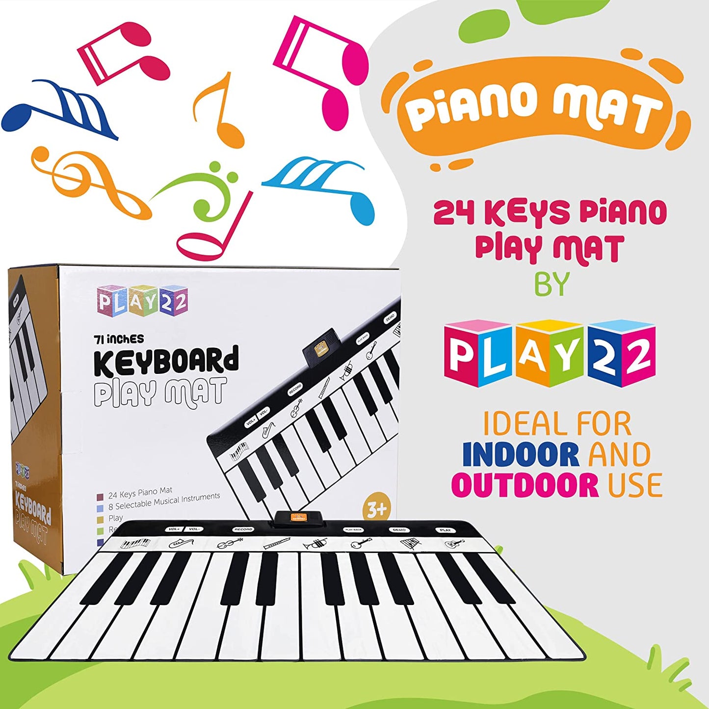 Keyboard Playmat 71" - 24 Keys Piano Play Mat - Piano Mat has Record, Playback, Demo, Play, Adjustable Vol. - Best Keyboard Piano Gift for Boys & Girls - Original - By Play22™