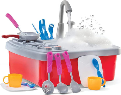 Kitchen Sink Toy 17 Set - Kids Toy Sink with Real Faucet - Drain, Dishes, Utensils & Stove - Play Sink Play House Pretend Toy Kitchen Sink with Running Water - Kitchen Toys for Toddlers Kids