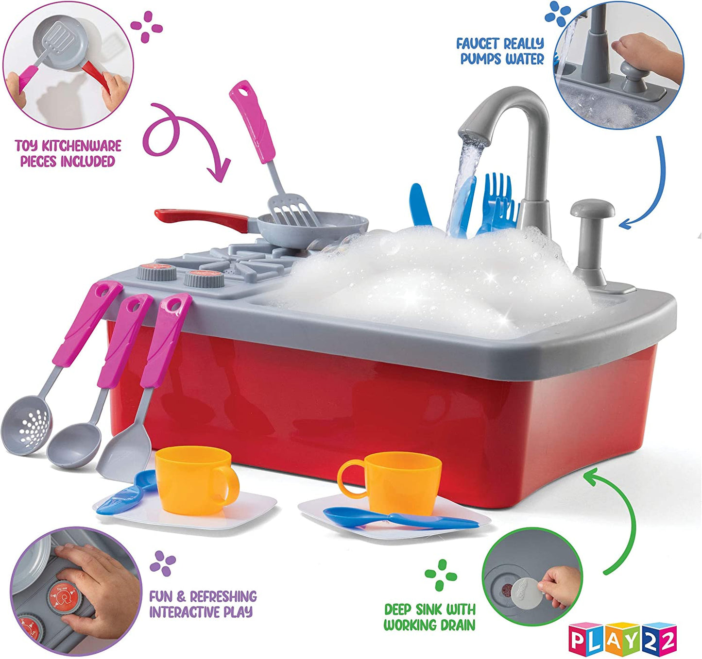 Kitchen Sink Toy 17 Set - Kids Toy Sink with Real Faucet - Drain, Dishes, Utensils & Stove - Play Sink Play House Pretend Toy Kitchen Sink with Running Water - Kitchen Toys for Toddlers Kids