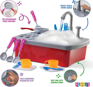 Kitchen Sink Toy 17 Set - Kids Toy Sink with Real Faucet - Drain, Dishes, Utensils & Stove - Play Sink Play House Pretend Toy Kitchen Sink with Running Water - Kitchen Toys for Toddlers Kids