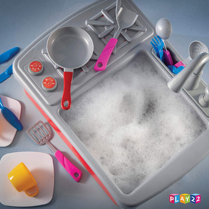 Kitchen Sink Toy 17 Set - Kids Toy Sink with Real Faucet - Drain, Dishes, Utensils & Stove - Play Sink Play House Pretend Toy Kitchen Sink with Running Water - Kitchen Toys for Toddlers Kids