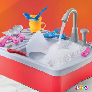 Kitchen Sink Toy 17 Set - Kids Toy Sink with Real Faucet - Drain, Dishes, Utensils & Stove - Play Sink Play House Pretend Toy Kitchen Sink with Running Water - Kitchen Toys for Toddlers Kids