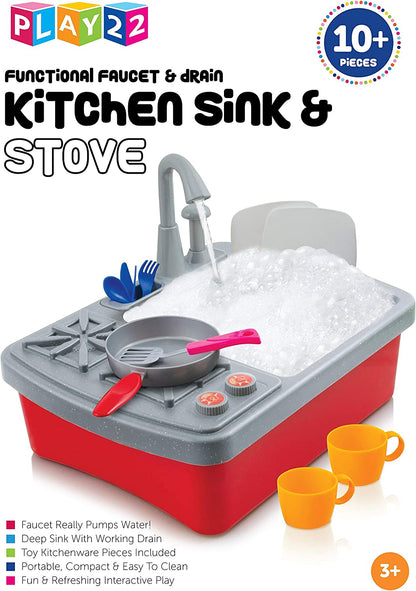 Kitchen Sink Toy 17 Set - Kids Toy Sink with Real Faucet - Drain, Dishes, Utensils & Stove - Play Sink Play House Pretend Toy Kitchen Sink with Running Water - Kitchen Toys for Toddlers Kids