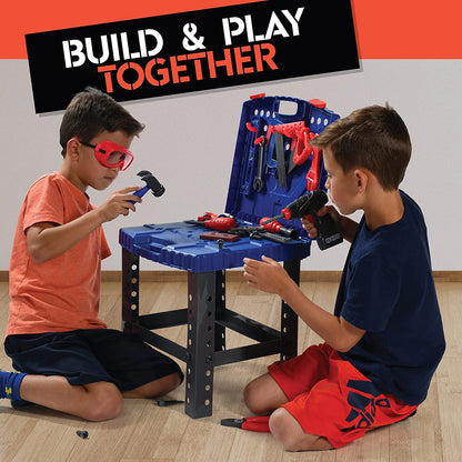 Play22USA Kids Tool Workbench 78 Set - Kids Tool Set with Electronic Play Drill - STAM Educational Pretend Play Construction Workshop Tool Bench - Pretend Play Tool Set Build Your Own Kids Tool Box