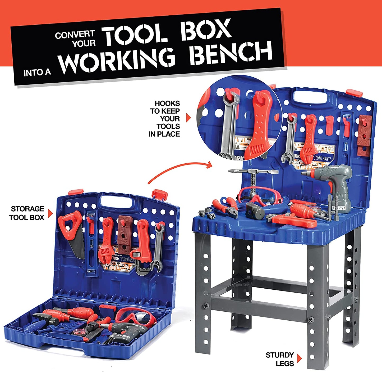 Play22USA Kids Tool Workbench 78 Set - Kids Tool Set with Electronic Play Drill - STAM Educational Pretend Play Construction Workshop Tool Bench - Pretend Play Tool Set Build Your Own Kids Tool Box