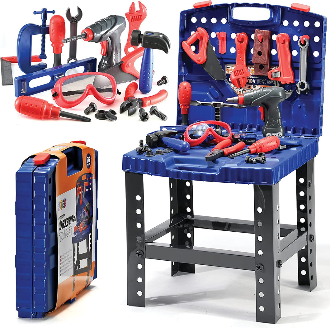 Play22USA Kids Tool Workbench 78 Set - Kids Tool Set with Electronic Play Drill - STAM Educational Pretend Play Construction Workshop Tool Bench - Pretend Play Tool Set Build Your Own Kids Tool Box