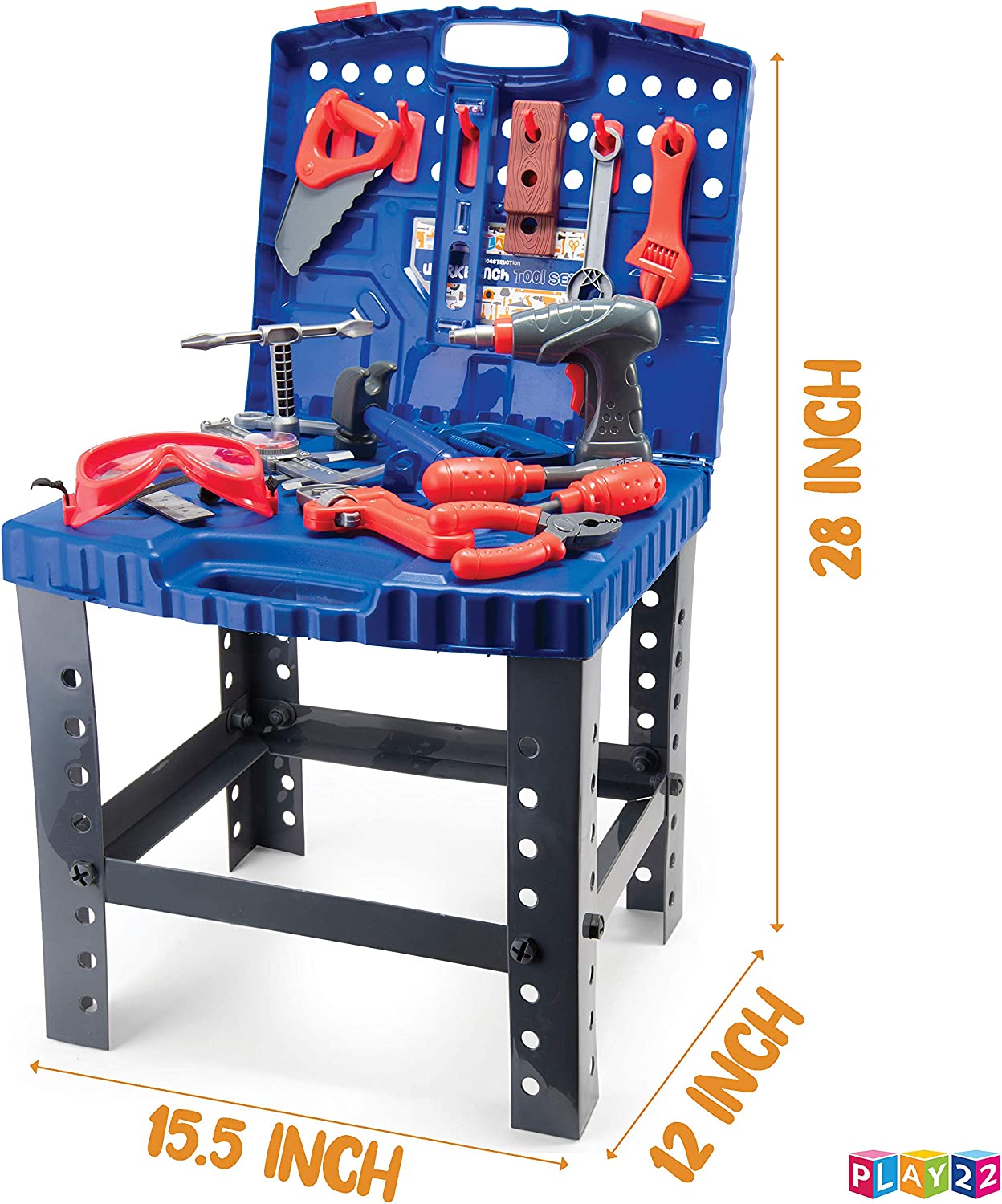 Play22USA Kids Tool Workbench 78 Set - Kids Tool Set with Electronic Play Drill - STAM Educational Pretend Play Construction Workshop Tool Bench - Pretend Play Tool Set Build Your Own Kids Tool Box