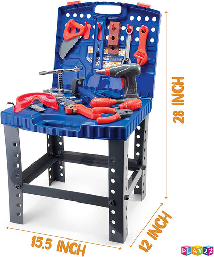 Play22USA Kids Tool Workbench 78 Set - Kids Tool Set with Electronic Play Drill - STAM Educational Pretend Play Construction Workshop Tool Bench - Pretend Play Tool Set Build Your Own Kids Tool Box