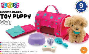 Play22 Plush Puppy Doll Set for Kids 9 PCS - Baby Doll Accessories - Doll Puppy Set - 4 Year Old Girl Birthday Gifts, Little Girl Toys, Sized for 18" Dolls, Multicolor