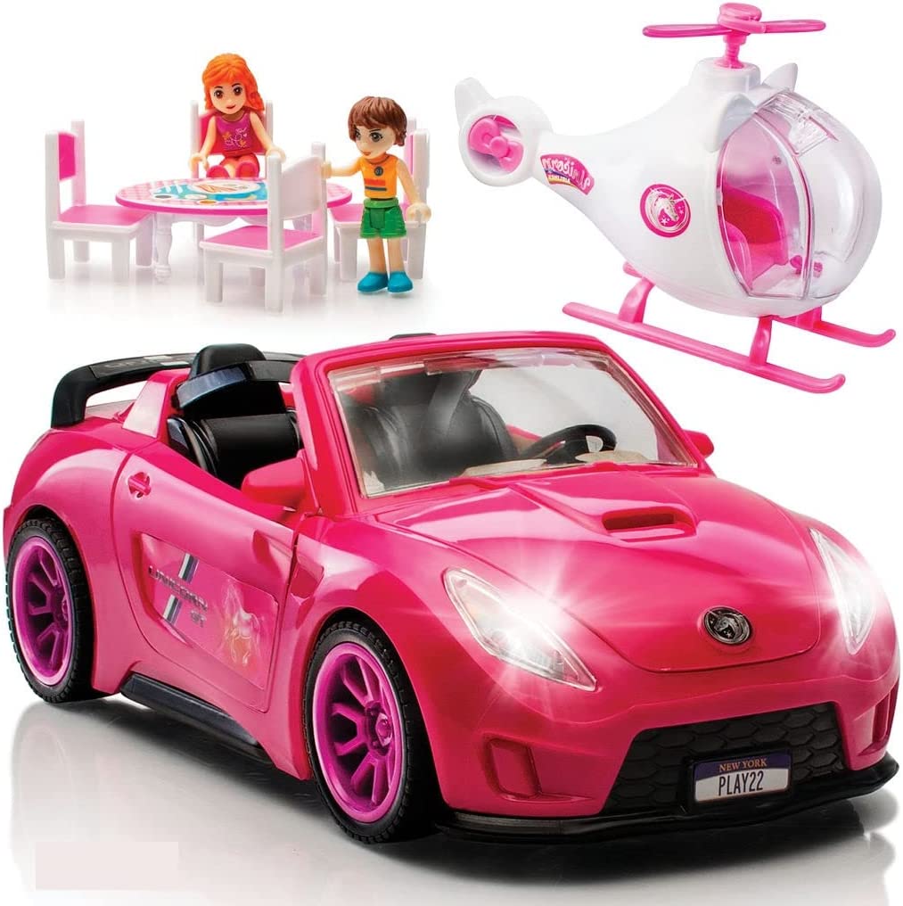 Play22 Pink Car Convertible 2-Seater Vehicle Doll Accessories with Lights and Sounds 10 Pc - Car for Dolls Toy Car Includes Doll Helicopter, 2 Figurines, and Dining Table Set - Great Toddler Gift