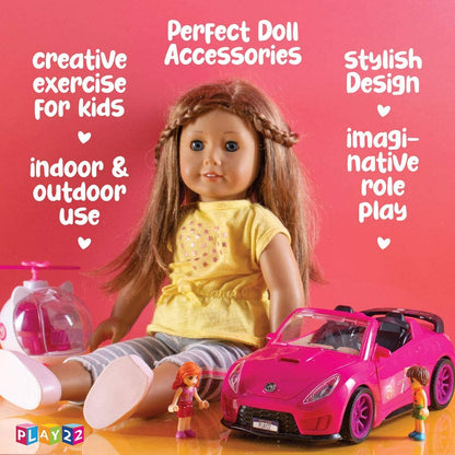 Play22 Pink Car Convertible 2-Seater Vehicle Doll Accessories with Lights and Sounds 10 Pc - Car for Dolls Toy Car Includes Doll Helicopter, 2 Figurines, and Dining Table Set - Great Toddler Gift