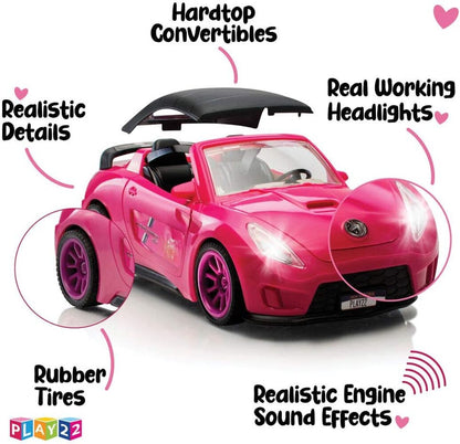 Play22 Pink Car Convertible 2-Seater Vehicle Doll Accessories with Lights and Sounds 10 Pc - Car for Dolls Toy Car Includes Doll Helicopter, 2 Figurines, and Dining Table Set - Great Toddler Gift