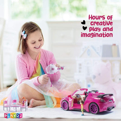 Play22 Pink Car Convertible 2-Seater Vehicle Doll Accessories with Lights and Sounds 10 Pc - Car for Dolls Toy Car Includes Doll Helicopter, 2 Figurines, and Dining Table Set - Great Toddler Gift