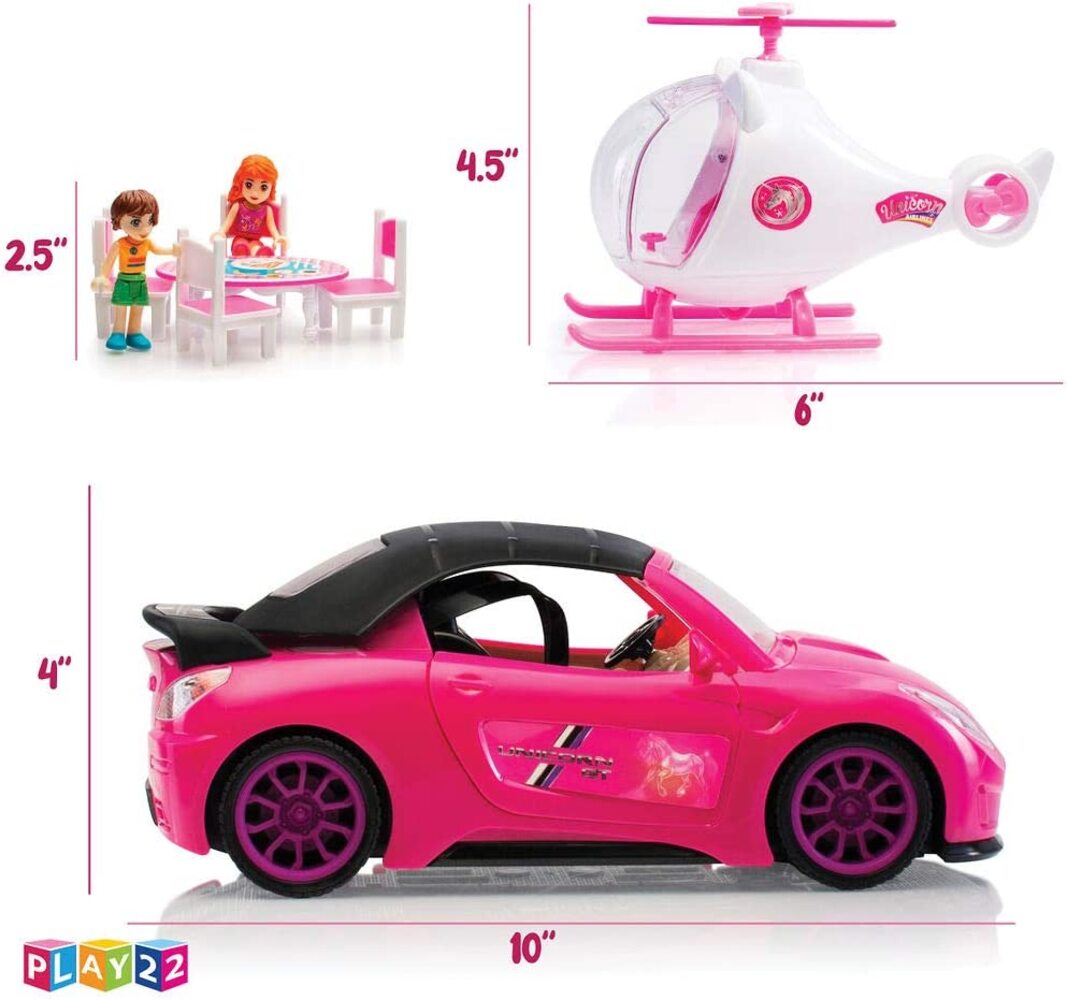 Play22 Pink Car Convertible 2-Seater Vehicle Doll Accessories with Lights and Sounds 10 Pc - Car for Dolls Toy Car Includes Doll Helicopter, 2 Figurines, and Dining Table Set - Great Toddler Gift