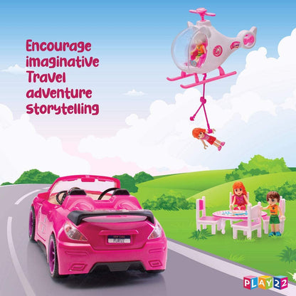 Play22 Pink Car Convertible 2-Seater Vehicle Doll Accessories with Lights and Sounds 10 Pc - Car for Dolls Toy Car Includes Doll Helicopter, 2 Figurines, and Dining Table Set - Great Toddler Gift