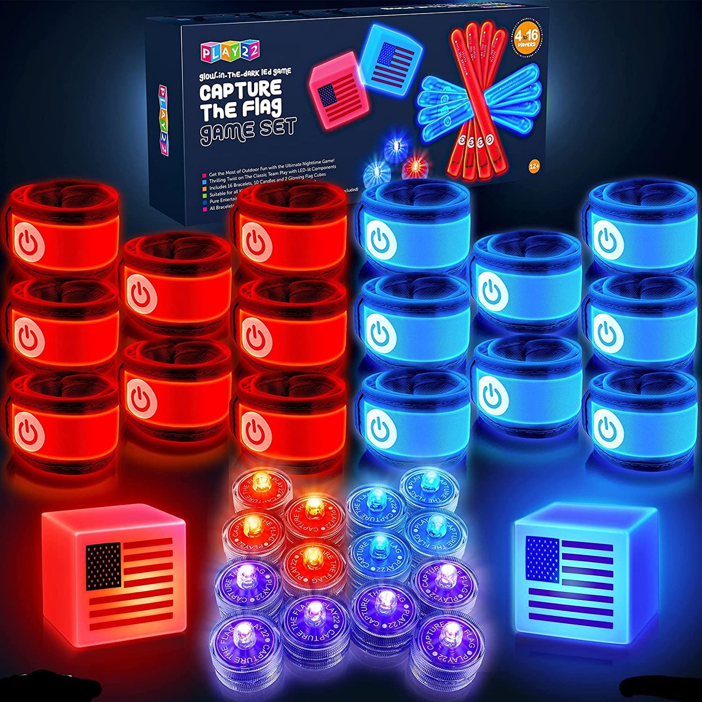 Play22 American Capture The Flag Glow in The Dark Game - Capture The Flag Game Up to 14 Players - Capture The Flag Set Includes 14 Bands, 16 Team Lights, 2 Flags - Great Outdoor Gift