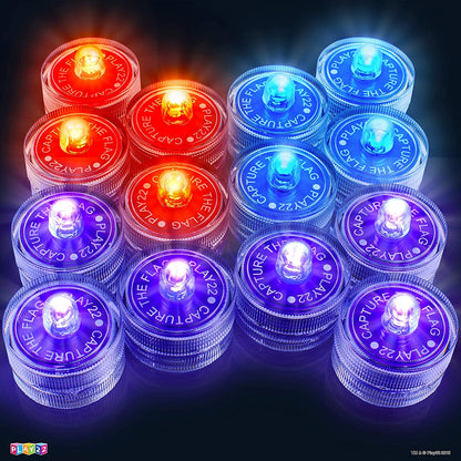 Play22 American Capture The Flag Glow in The Dark Game - Capture The Flag Game Up to 14 Players - Capture The Flag Set Includes 14 Bands, 16 Team Lights, 2 Flags - Great Outdoor Gift