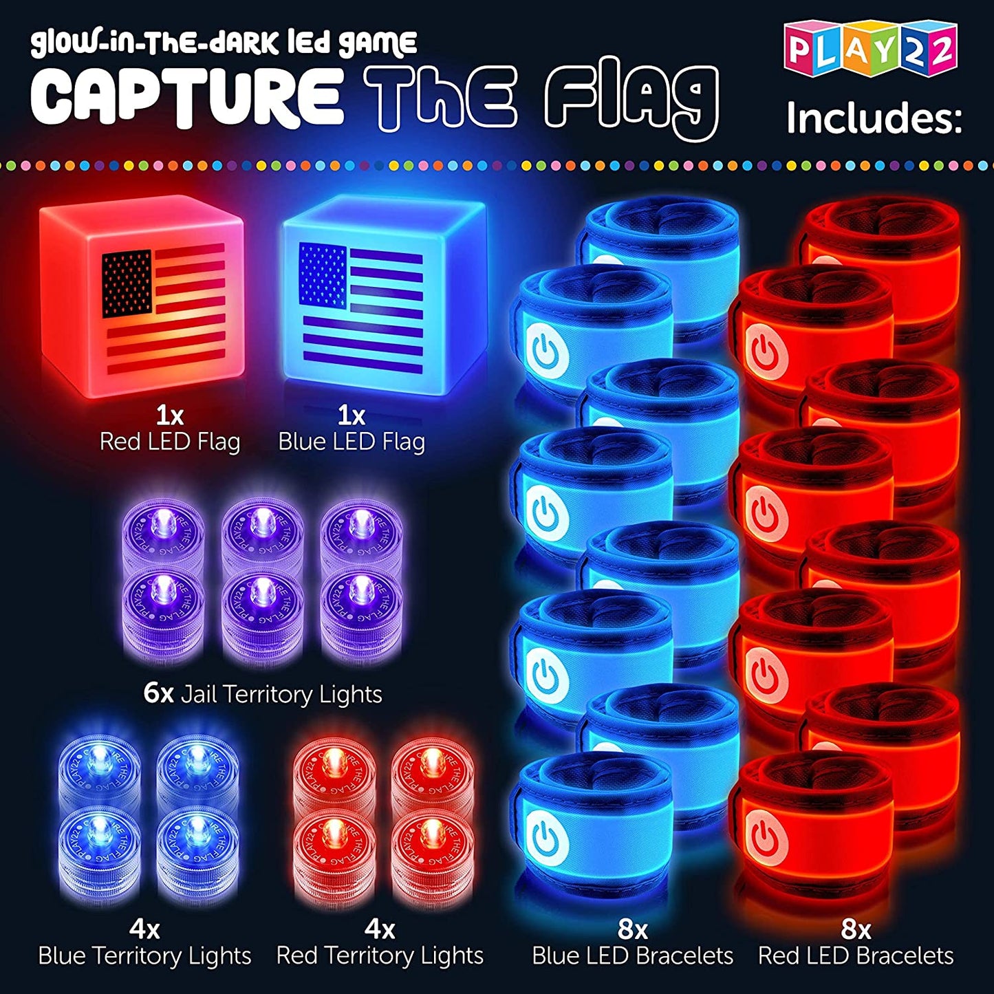 Play22 American Capture The Flag Glow in The Dark Game - Capture The Flag Game Up to 14 Players - Capture The Flag Set Includes 14 Bands, 16 Team Lights, 2 Flags - Great Outdoor Gift