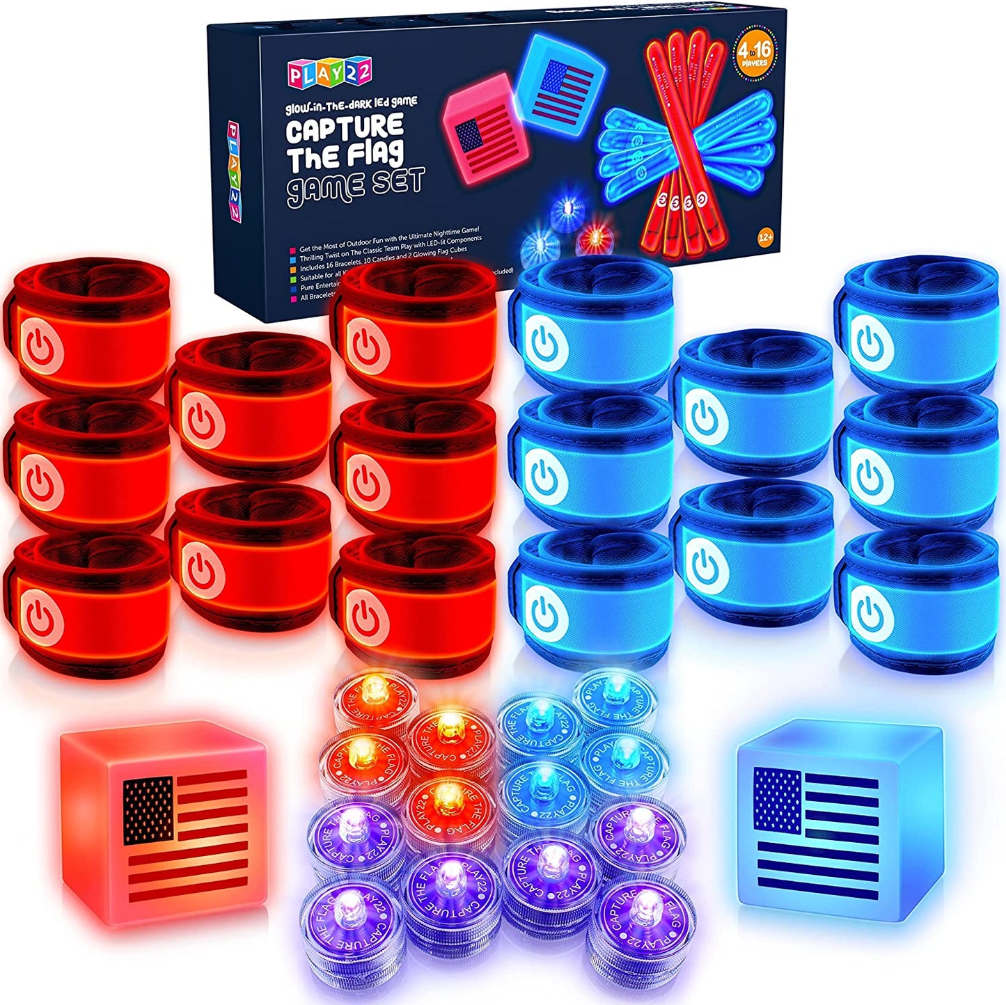 Play22 American Capture The Flag Glow in The Dark Game - Capture The Flag Game Up to 14 Players - Capture The Flag Set Includes 14 Bands, 16 Team Lights, 2 Flags - Great Outdoor Gift