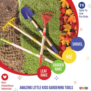 Play22 Kids Garden Tool Set Toy 4-Piece - Shovel, Rake, Hoe, Leaf Rake, Wooden Gardening Tools for Kids Best Outdoor Toys Gift for Boys and Girls