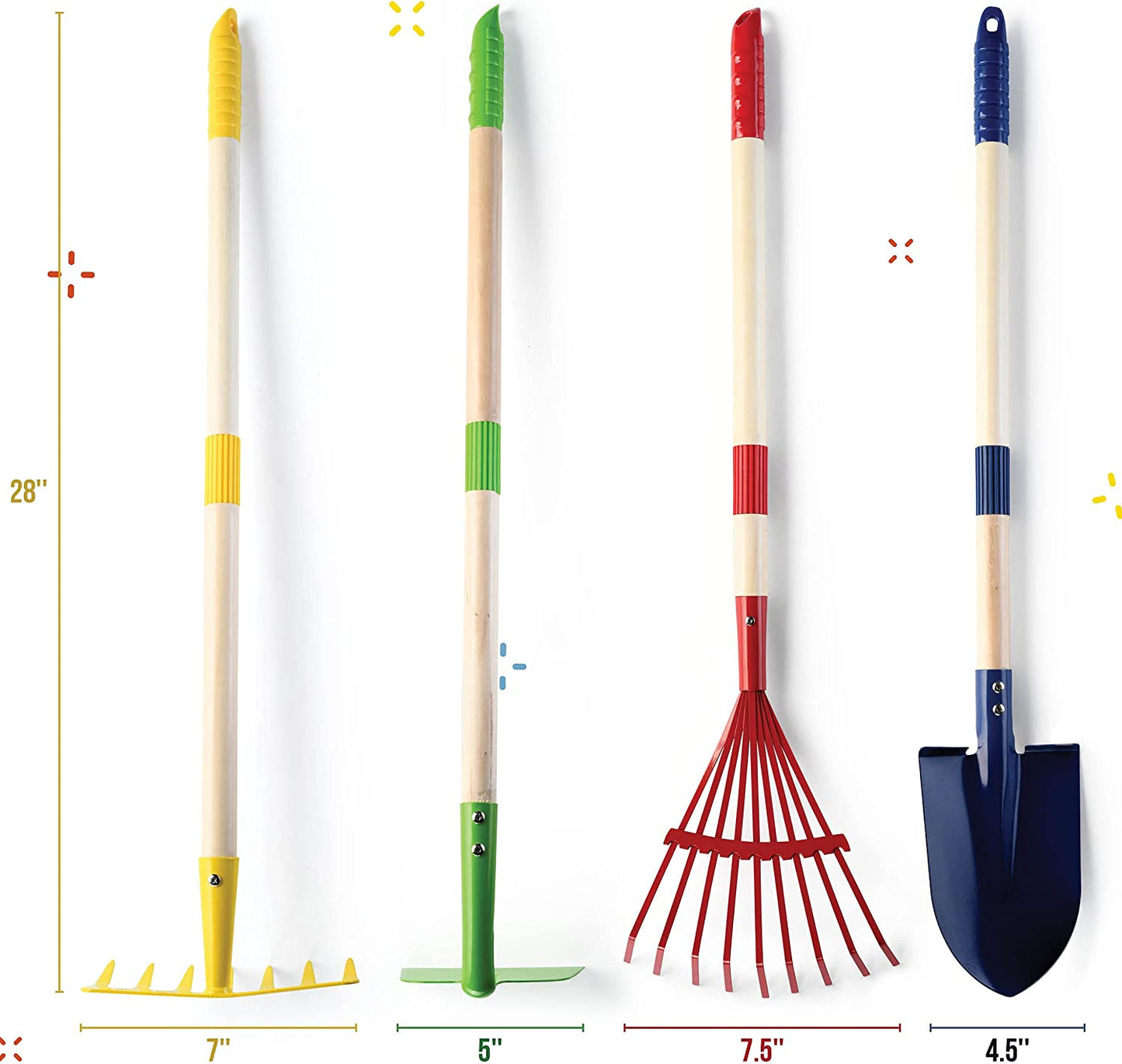 Play22 Kids Garden Tool Set Toy 4-Piece - Shovel, Rake, Hoe, Leaf Rake, Wooden Gardening Tools for Kids Best Outdoor Toys Gift for Boys and Girls